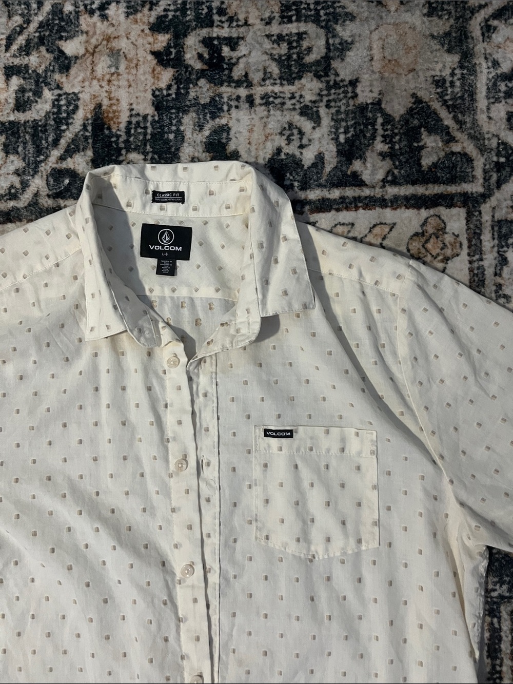Volcom Men's Cream Button-Down Shirt with Tan Dot Print